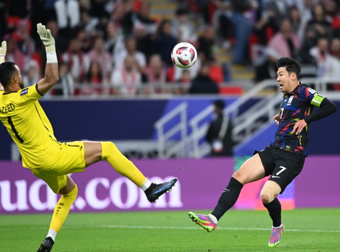 Son Heung-min pictured (right) playing for South Korea against Jordan in the semi-finals of the 2023 AFC Asian Cup in Qatar